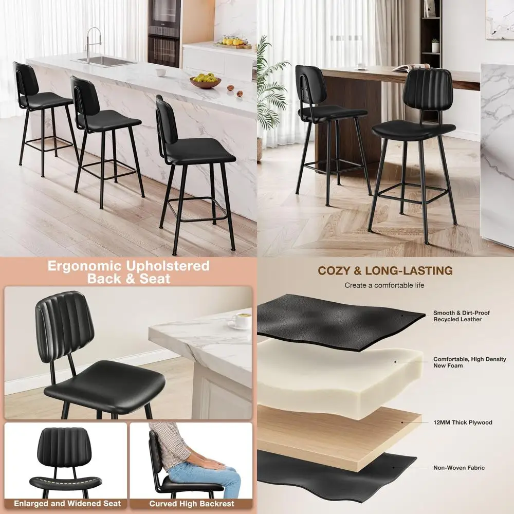 

Пара из 24 кожаных барных стульев с высокой спинкой, стульев с металлическими ножками для кухонного острова, черный