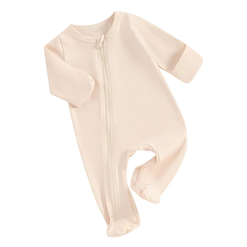 

Baby Boys Girls Footie Jumpsuits Long Sleeve Solid Color Zip Up Rompers Newborn Pajamas Clothes