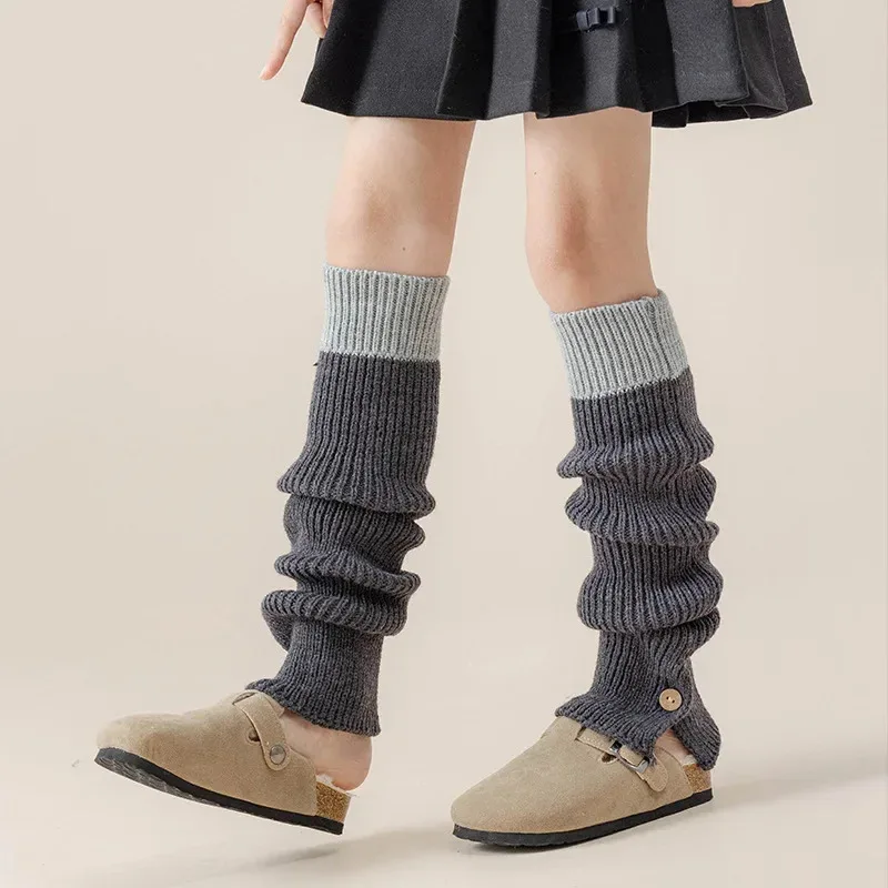 High End American Vintage Y2k Aesthetic Constrast Color Autumn Leg Stocking Side Split Buttons Design Leg Warmers Korean Socks