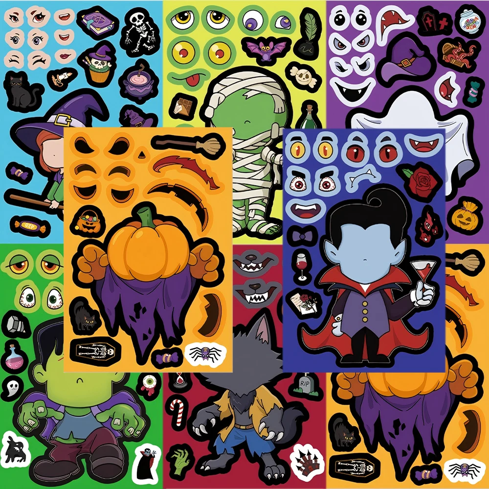 

8/16sheets Make a Face Halloween Puzzle Stickers Cute Cartoon Ghost Witch Assemble Jigsaw Educational Toy Decals Kids Party Gift