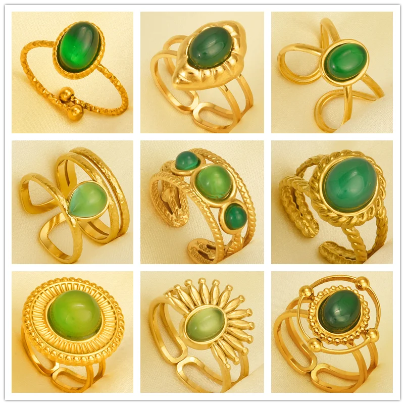 Anillos de acero inoxidable con forma de corazón de sol Vintage indio, joyería Natural auténtica de piedra verde para mujeres y hombres, accesorios, anillo chapado en oro Real