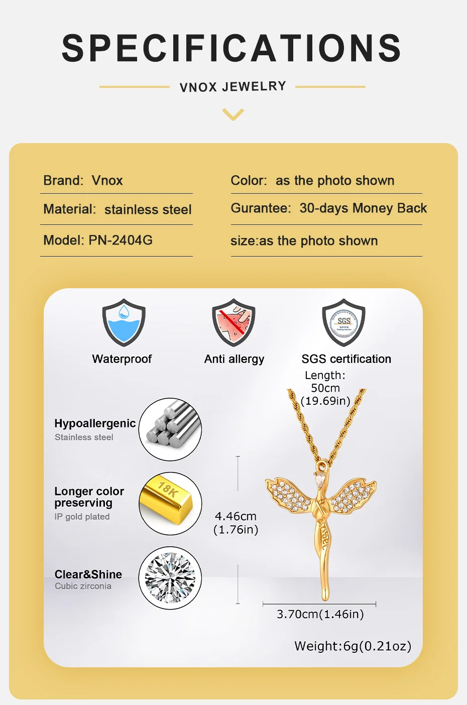Vnox Engel-Kreuz-Anhänger-Halskette für Männer, Edelstahl Zirkon Flügel-Feen-Halskette 50cm 60cm Gedrehte Seilkette Schmuck Geschenk – Detail 4