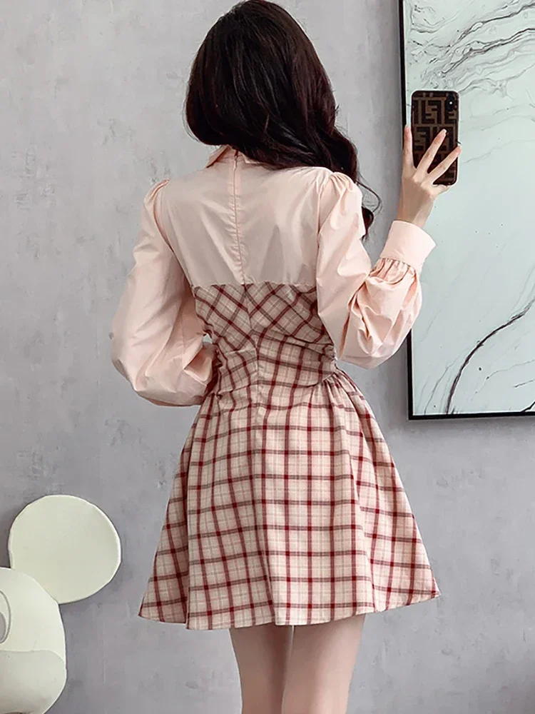 2025 elegante casual nep tweedelige jurk herfst winter geplooide bodycon jurk vrouwen roze geruite patchwork polokraag shirtjurk