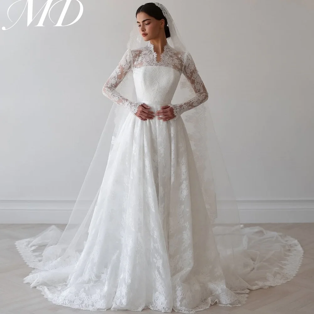 MD Modest A-line Wedding Dresses Bridal Gown Customized V Neck Long Sleeves Exquisite Lace Saudi Bride Dresses Robe De Mariee