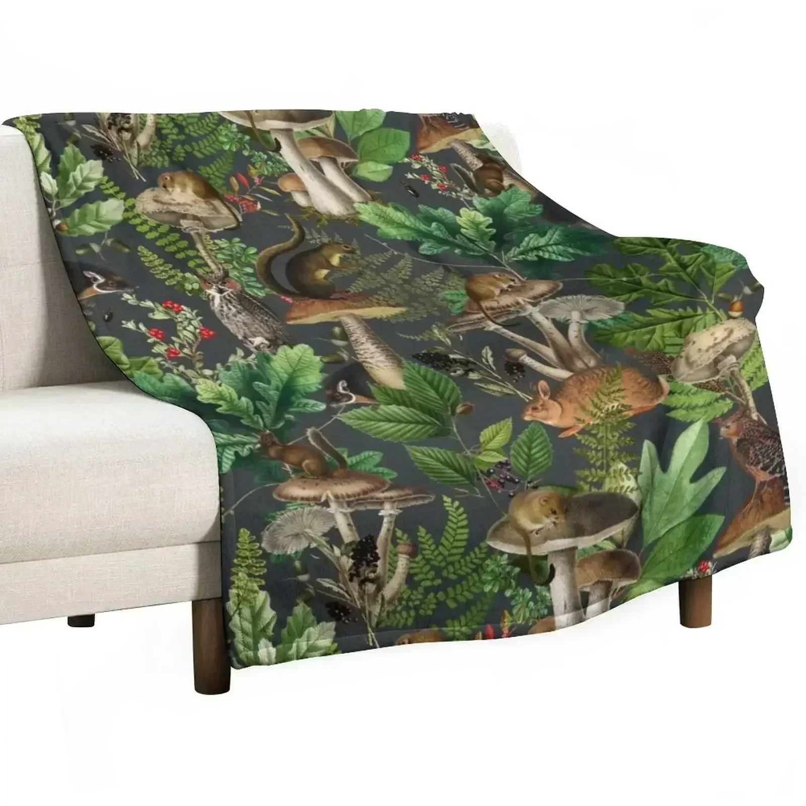 Woodland Fairytale- Mushrooms And Wild Animals In Forest - Vintage Botanical Night Garden Pattern Throw Blanket