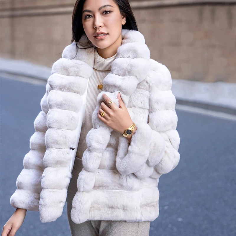 Ftangaiur, abrigo de Chinchilla azul cian blanco puro importado de invierno, abrigos de piel de Chinchilla de Color Natural de lujo con cuello vuelto para mujer