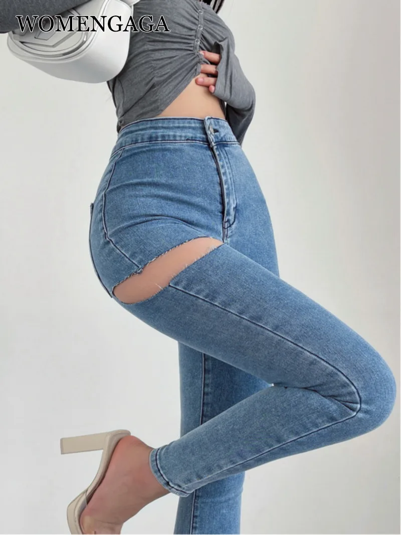 WOMENGAGA American Spicy Girls Sexy Hole Jeans Slim High Waist Elastic Feet Pencil Pants Trousers Fashion Women BOF8