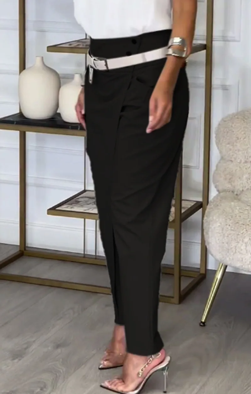 Women Pants Irregular Ankle Length Trousers Sashes High Waist Stretch Button Pockets Slacks Bottoms Autumn Office Lady 2025