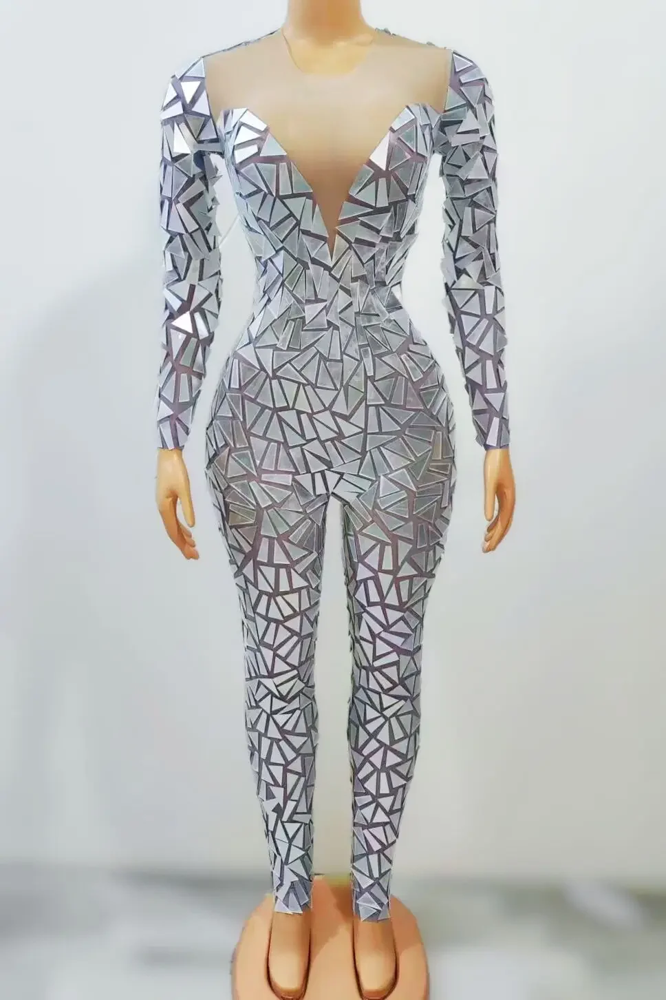 Gold Blue Red Flashing Full Mirrors Long Sleeves Transparent Jumpsuit Birthday Celebrate Costume Evening Women Dance Bodysuit