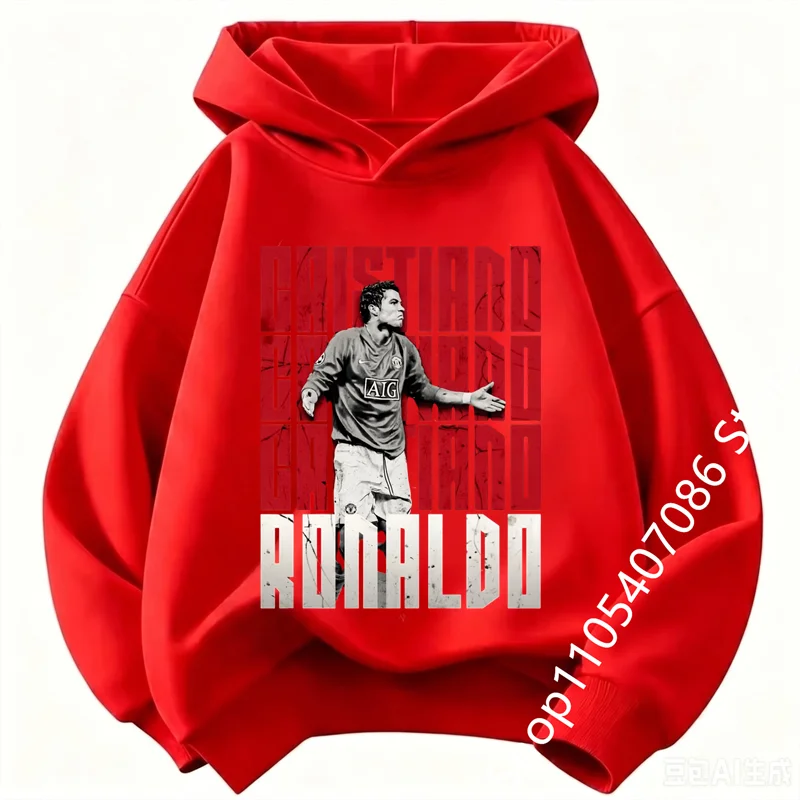 Kids Ronaldo Hoodie Boys Girls Football Star CR7 Print Pullover Hooded Sweatshirt Casual Long Sleeve Sport Top