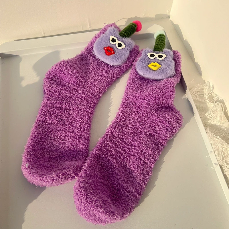 Funny Fluffy Socks Women Cartoon Pattern Floor Socks Fleece Sleep Home Snow Stockings Winter Thickened Warm Carpet Socks