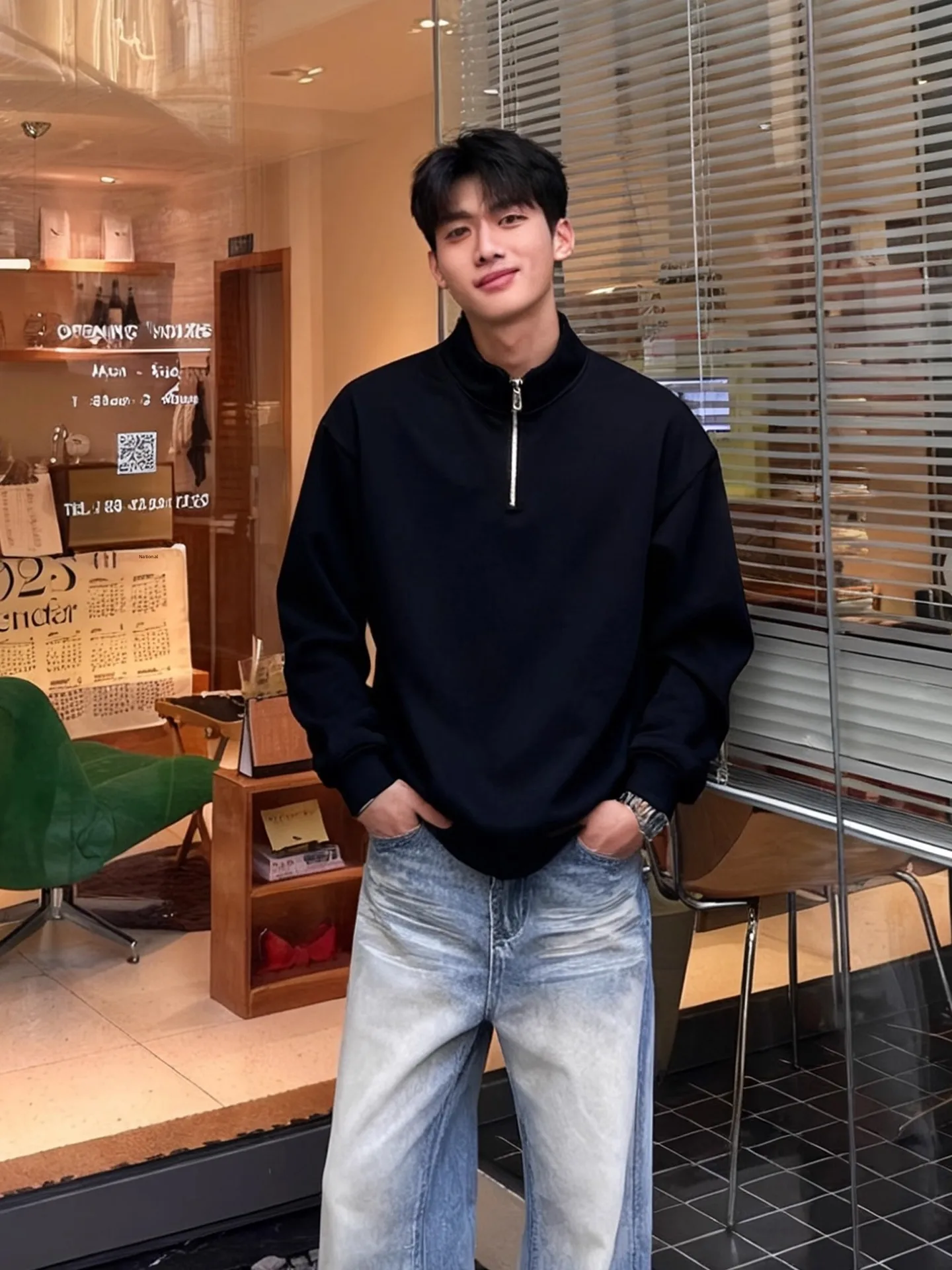 

Мужская толстовка Cleanfit Black Half Zip Hoodie в американском стиле, плотная, с воротником-стойкой, свободного кроя, с длинным рукавом, молодежная