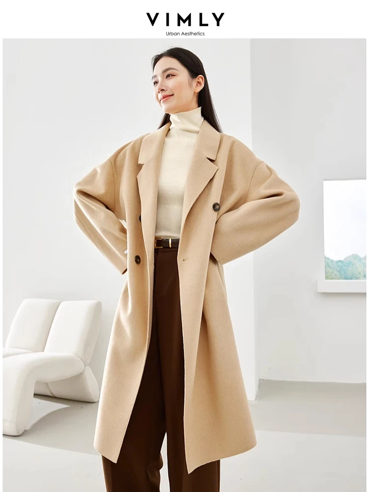 Vimly Blue Wool & Blends Long Coats Women Clothes 2023 Doule Breasted Elegant Office Lady Winter Warm Long Jacket Overcoat 16328