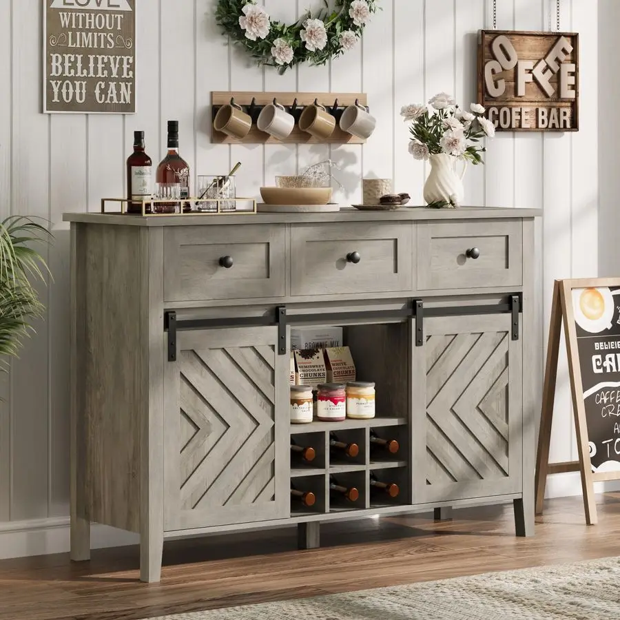 47.2 in Farmhouse Buffet Cabinet with Sliding Barn Door, Rustic Sideboard with 3 Drawer, Removable Wine Rack, Farmhouse Sideboa