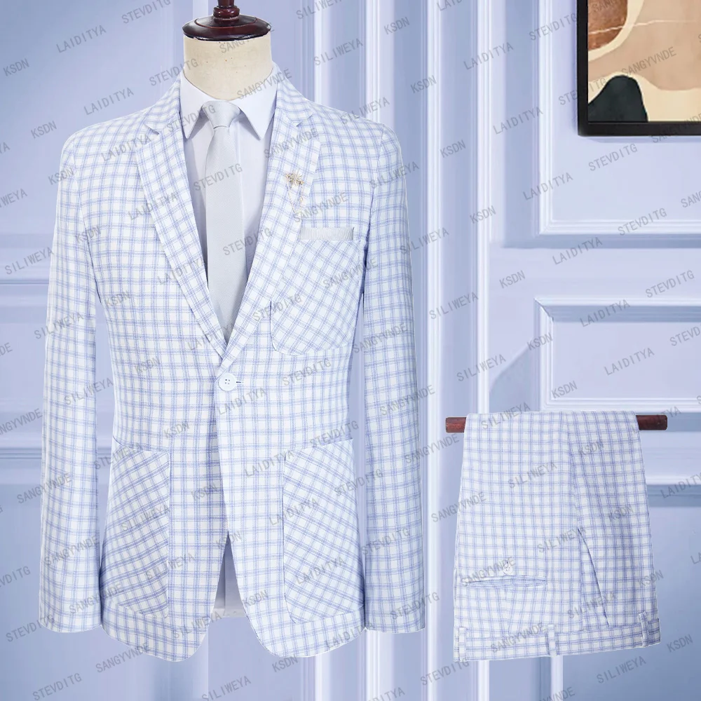 

2023 New Fashion Men Suits Summer Costume Homme Light Blue White Classic Plaid Linen Tuxedo Groom Wedding 2 Pcs Set Jacket Pants