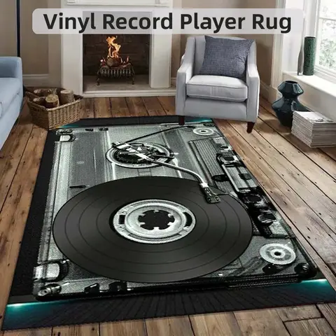 Vinyl Record Player Rug - Music Lover's Dream Carpet for Living Room, Classic Audio Equipment Design Skid resistant carpet