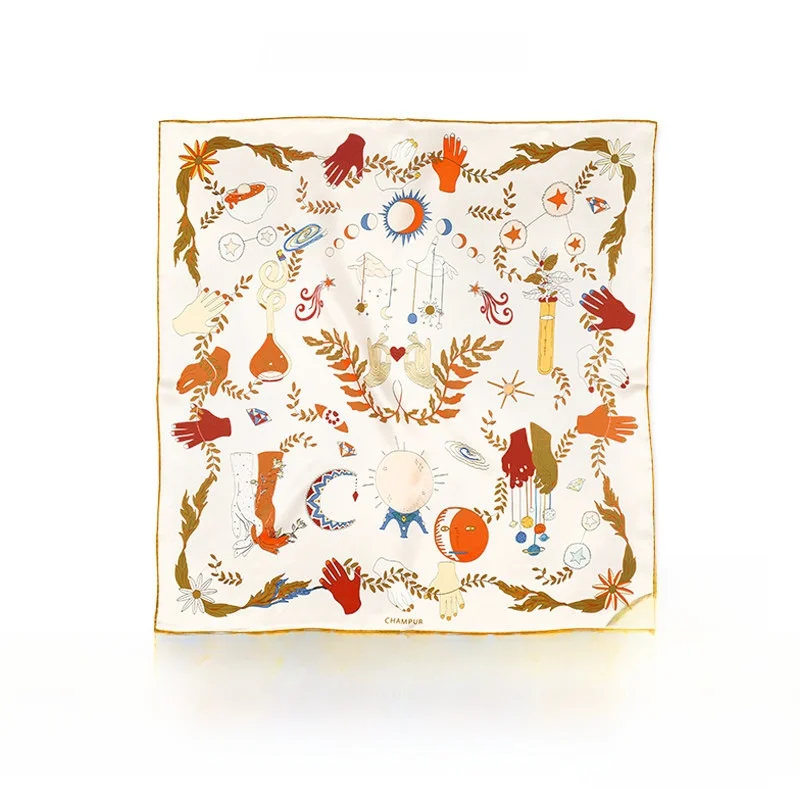 Echarpe-en-soie-originale-peinte-a-la-main-surface-en-satin-petite-echarpe-carree-vintage-pour-femme-motif-graffiti-cadeau-du-monde-imaginaire-printemps-ete