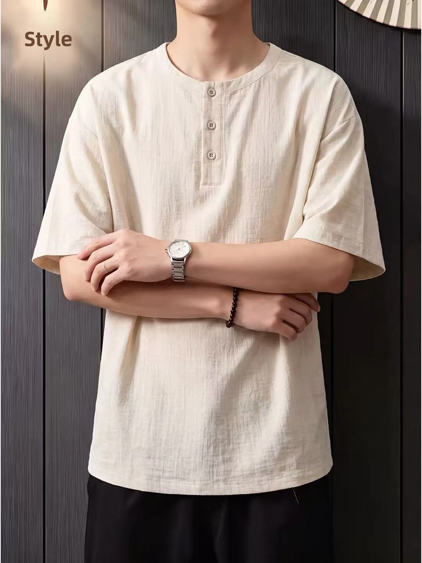 New Chinese Style Linen Apricot Henry Collar Short Sleeve Men's Summer Thin Casual Loose Breathable Half Sleeve T-shirt