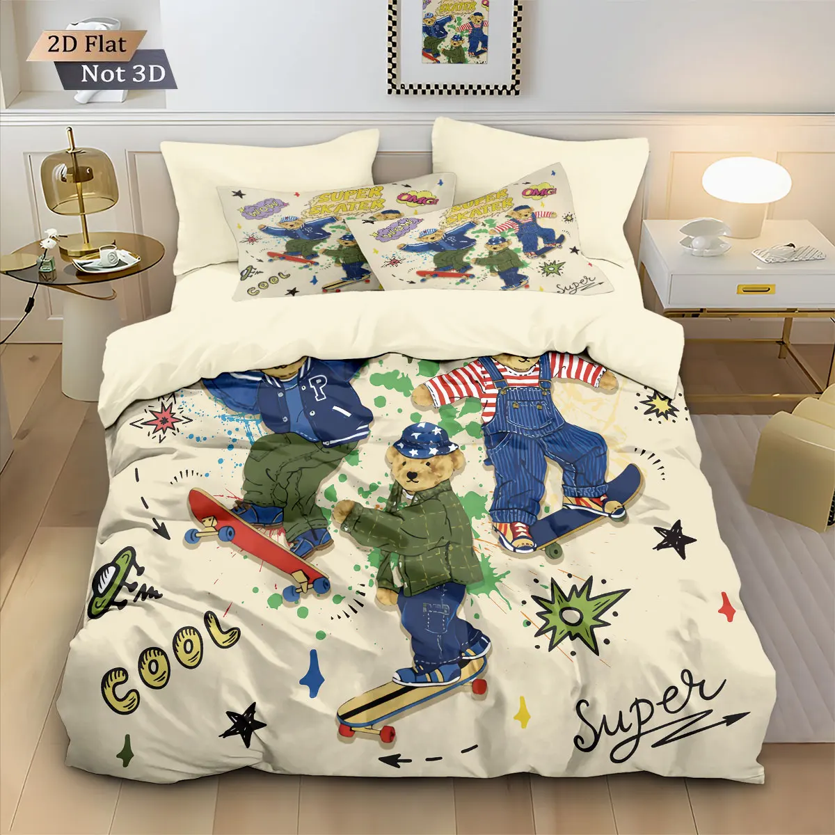 3pcs Cartoon Skateboard Teddy Bear Print Coreless Duvet Cover Set Multi Size Bedroom Bedding Decoration Comfortable Machine Wash