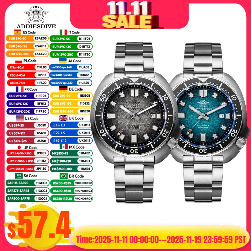 

ADDIESDIVE AD2511 Men Watch 20Bar Waterproof Sapphire Crystal 316L Stainless Steel reloj hombre Quartz Watch Abalone Dive Watch