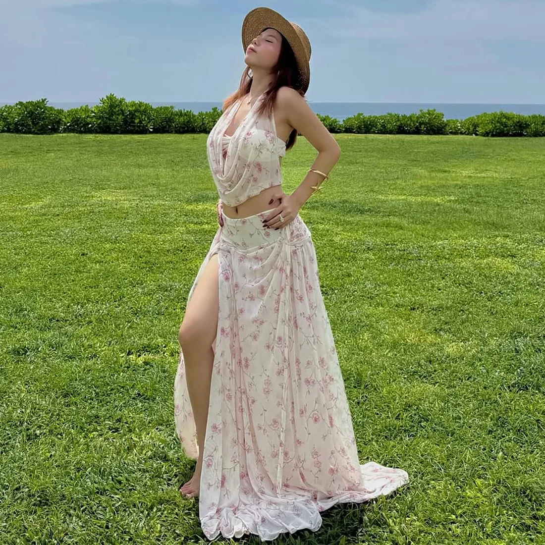 

Floral Print Vacation Beach 3 Piece Set Women Fashion Tube + Swinging Collar Halter Backless Tank Crop Tops + Split Maxi Skirt