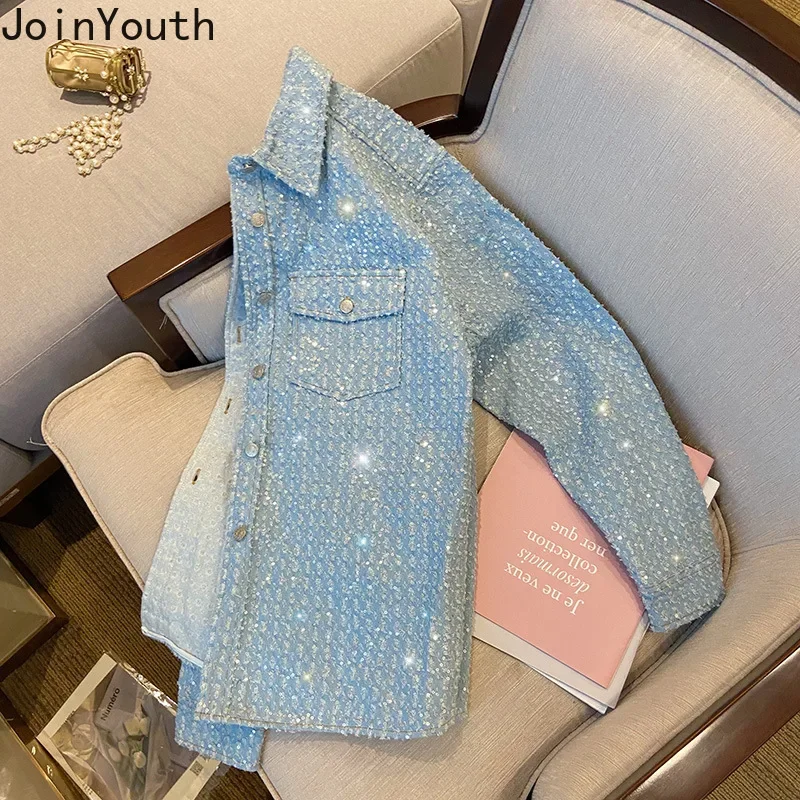 Streetwear Sequined Denim Coat 2024 Women Clothing Casual Korean Y2k Tops Ropa Mujer Long Sleeve Fashion Vintage Jackets 7o648