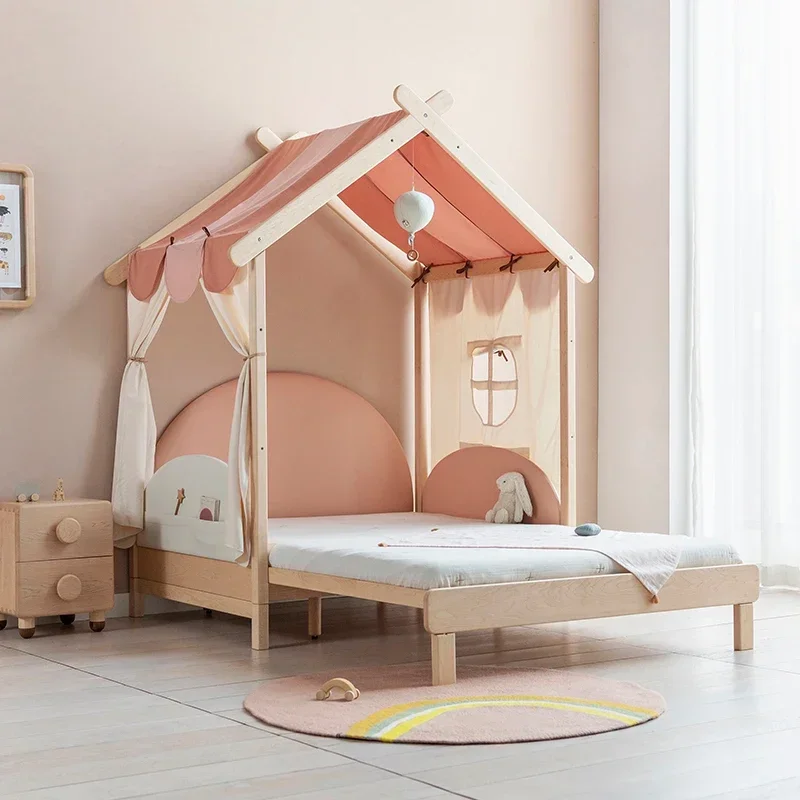 Extended bed, floor-to-ceiling can be raised and played Solid wood tent Children's bed