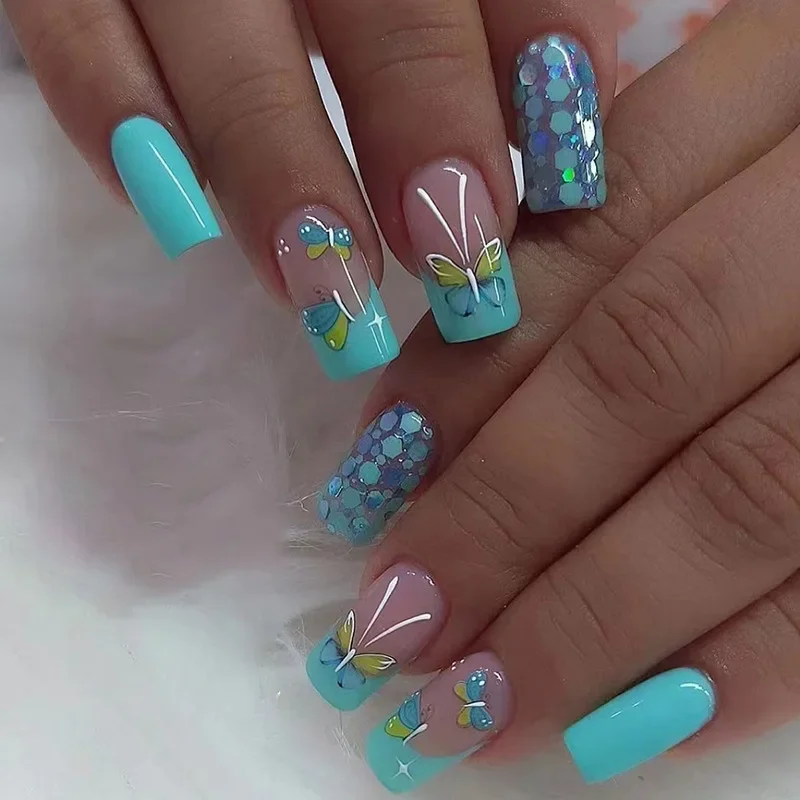 

24Pcs Butterfly Medium Long French Cheap Square False Nail with Glue Spring Summer Nails Press on Blue Green Press on Nails 2025