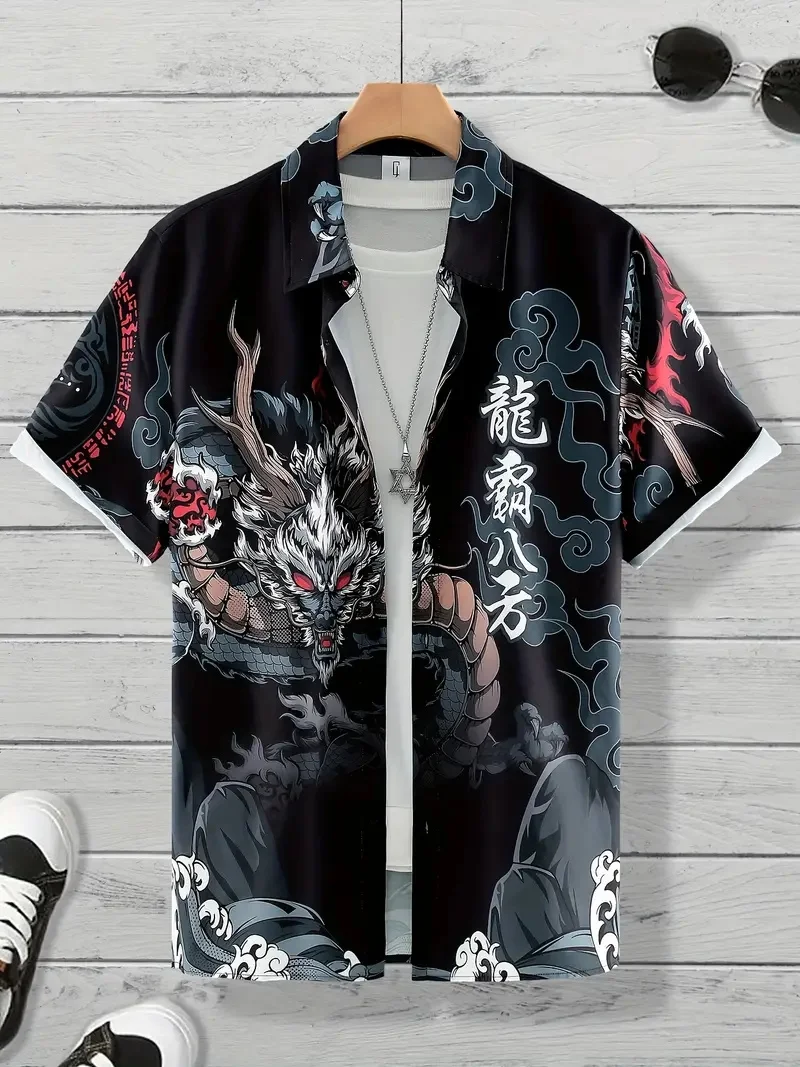 Chinese dragon pattern print short sleeve lapel shirt tops, men\'s casual button down fashion shirts for daily and resort beach p