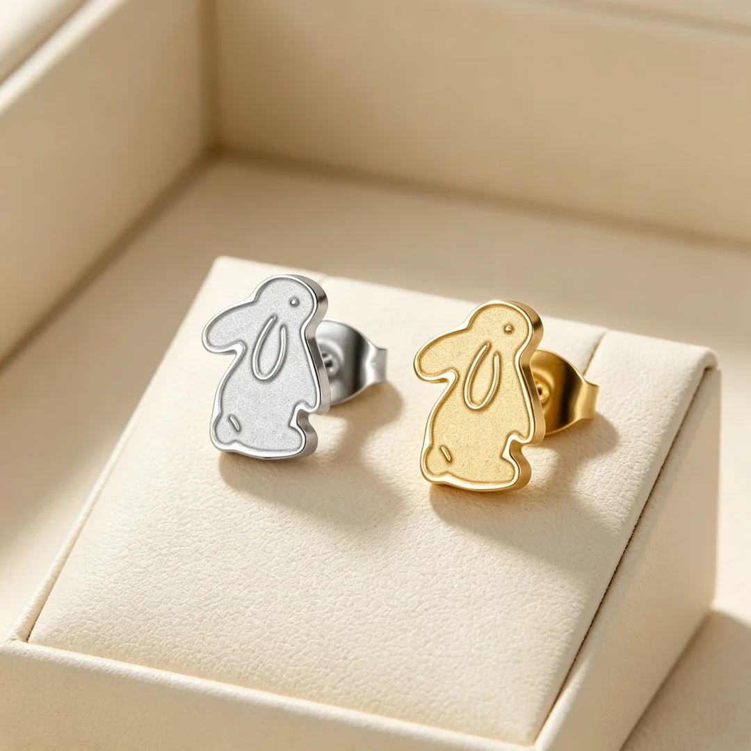 Tiny Easter Lop‑eared Rabbit Stud Earrings Stainless Steel Cute Bunny Animal Earrings Holiday Jewelry Gift for Women Girls