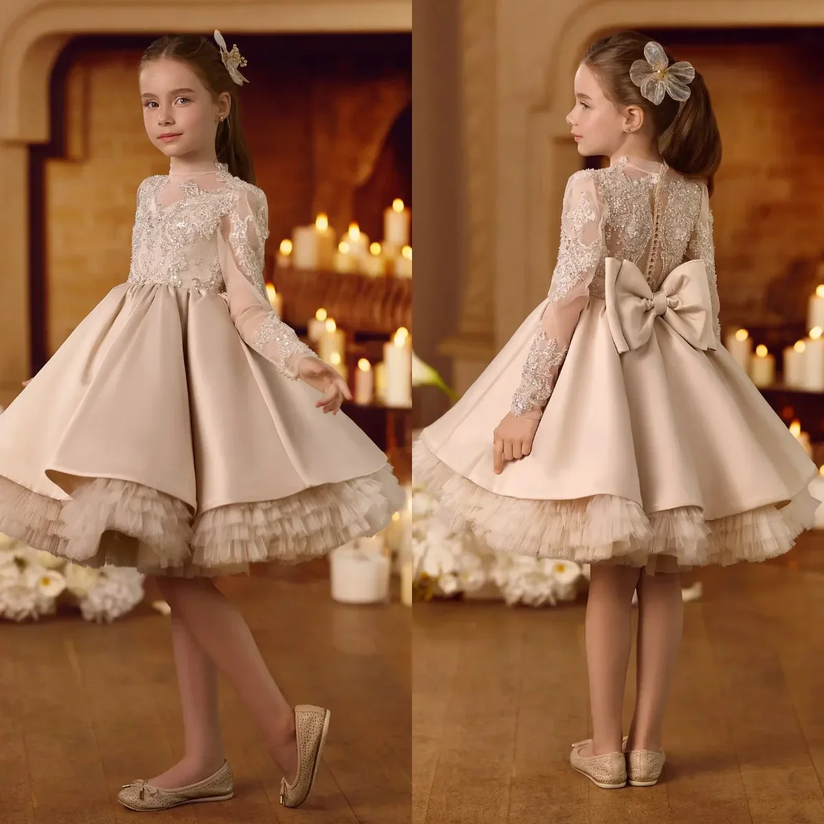 Maßgeschneidertes JDY Hochzeitskleid mit Langen Ärmeln und Spitze für Blumenmädchen, Festliches Kleid für Geburtstagsfeiern, Kinder-Pageant-Kleid, Formelles Kleid فساتين