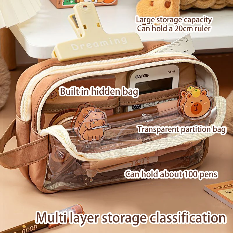 1 Set Capybara Large Capacity Multi-Layer Pencil Case Cute Clear Pencil Pouch Wide Opening Pencil Case For Kids