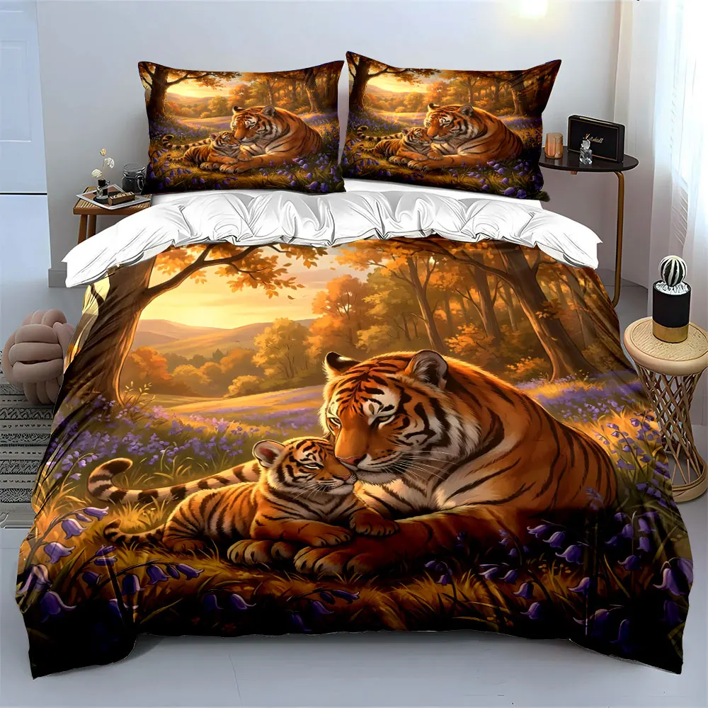 Tiger and cub cuddling Warm pattern Print Bedding Set 1 Duvet Cover 2 Pillowcases for Adult and Children Luxury Gift Full Size