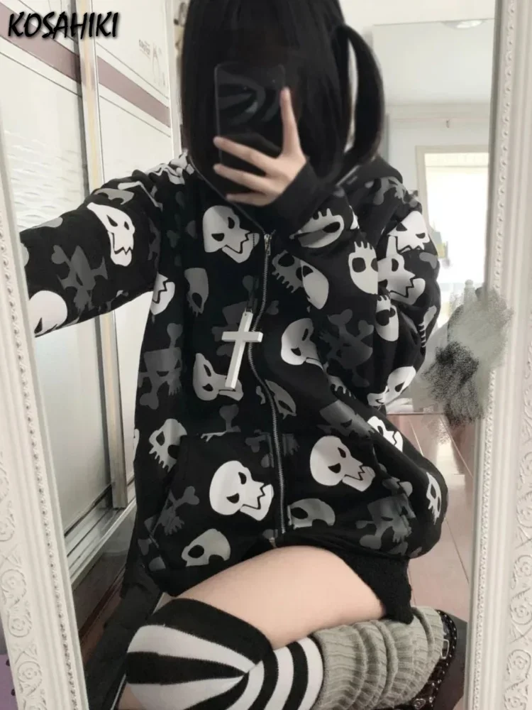 

KOSAHIKI Skull Print Kawaii Zip-up Hoodies Harajuku Grunge Vintage Jacket Japanese Fashion Sweatshirt Streetwear Y2k Aesthetic