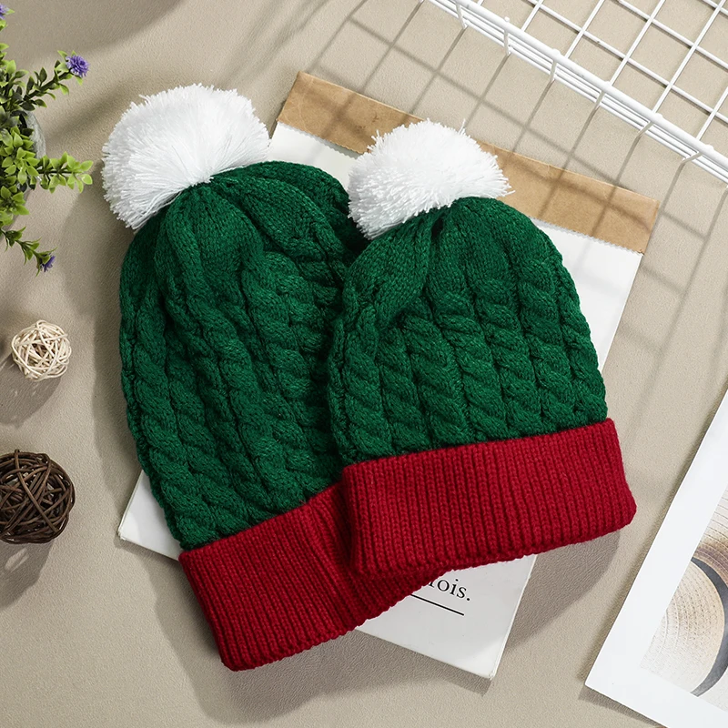 Adult Kid Fluffy Ball Christmas Knitted Hat Winter Beanie Parent-child Santa Hat Navidad Xmas Decoration New Year Party Kid Gift