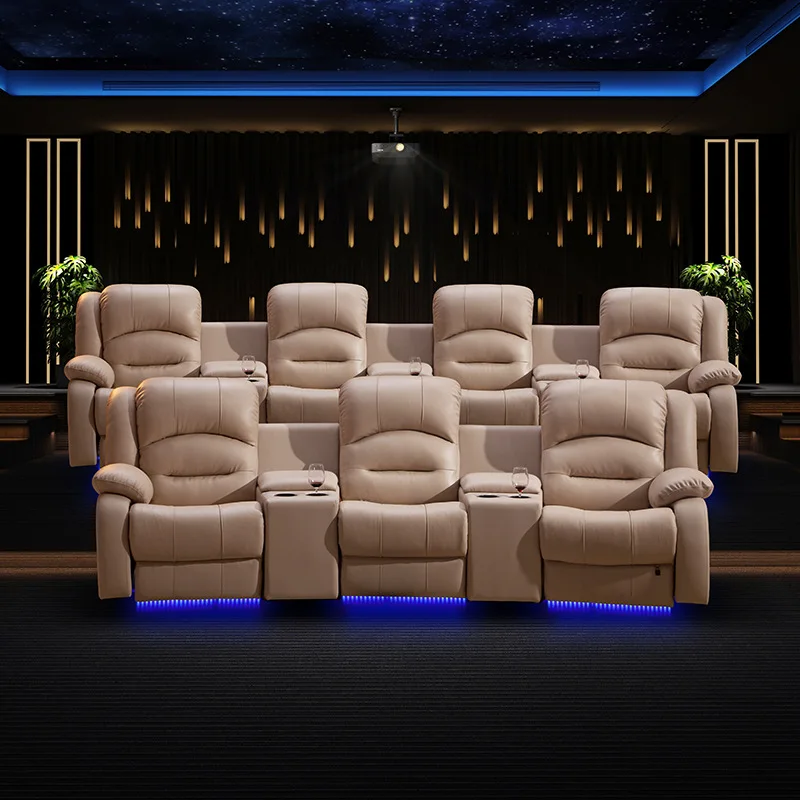 أريكة جلدية من الطبقة الأولى من جلد البقر، مجموعة فنية من الجلد الكهربائي لغرفة الفيديو وقاعة التلفزيون، كرسي أريكة متعدد الوظائف