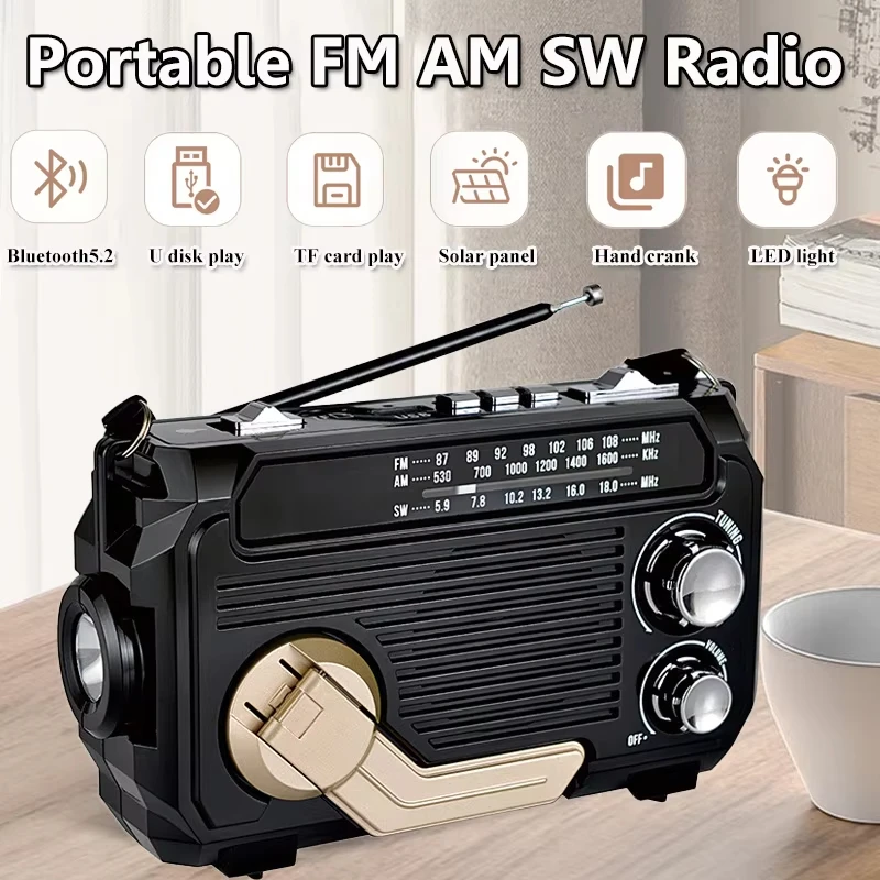 Portable FM AM SW Radio Solar Charging Emergency Radios Receiver Hand Crank Bluetooth 5.2 Speaker Music Player Support TF USB