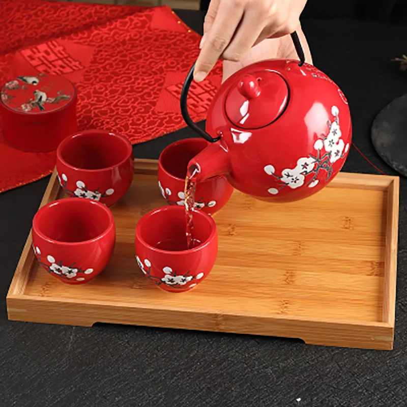 

Ceramic Plum Blossom Tea Set, Filter Teapot with Stainless Steel Infuser, Kettle Teacups, Chinese Style, Wedding Red Teaware