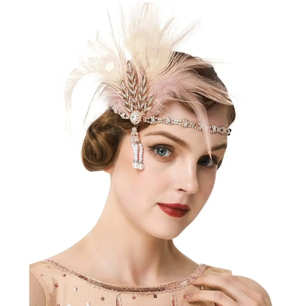 Retro Vintage Feather Headband 1920s Diamond Masquerade Hair Band Makeup Party Elegant Cosplay Dress Headwear Bridal Headdress