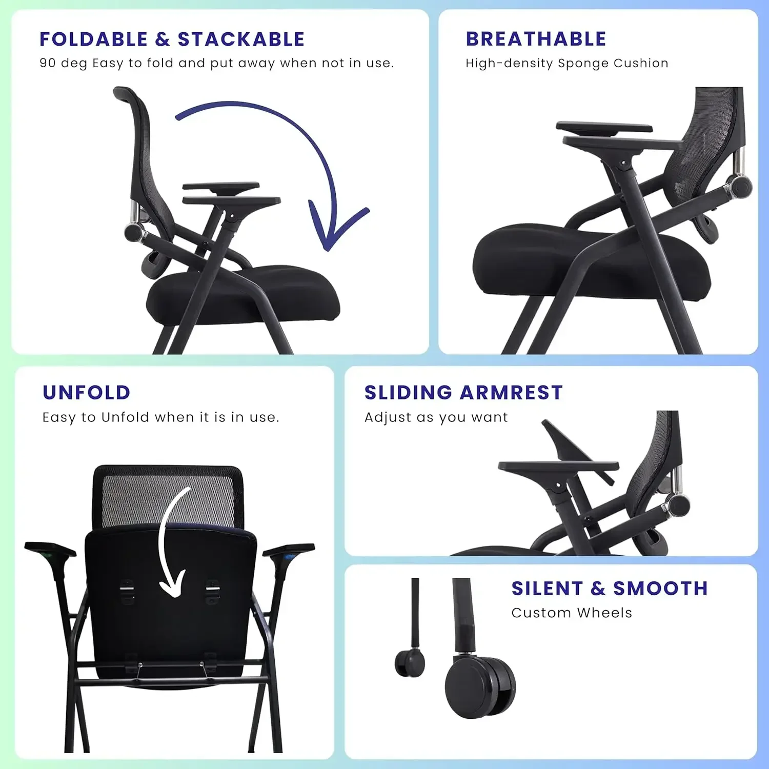 PRO, Stackable & Foldable Conference Room Chairs with 2X Thick Cushion, Lumbar Support, Armrest - Mesh Bouncing Back for Office