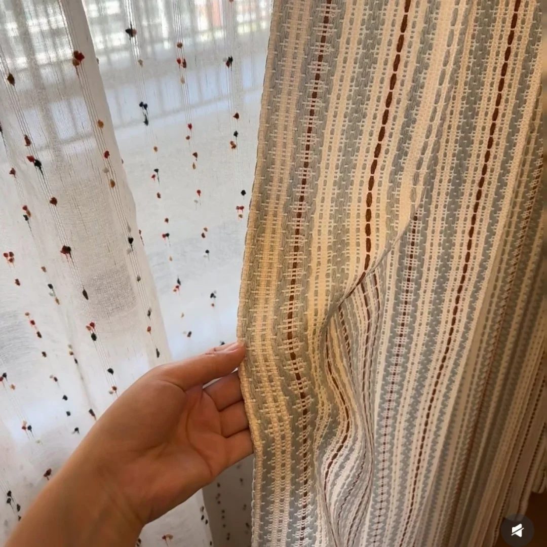 Boho Color‑Dot Striped Woven Sheer Curtain, Rustic Textured Light‑Filtering Window Drapes for Home Decoratio