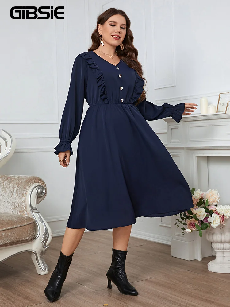 GIBSIE Plus Size Solid Button Front Frill Trim Midi Dresses Women Spring Fall Casual Long Sleeve Female Elastic A-Line Dress