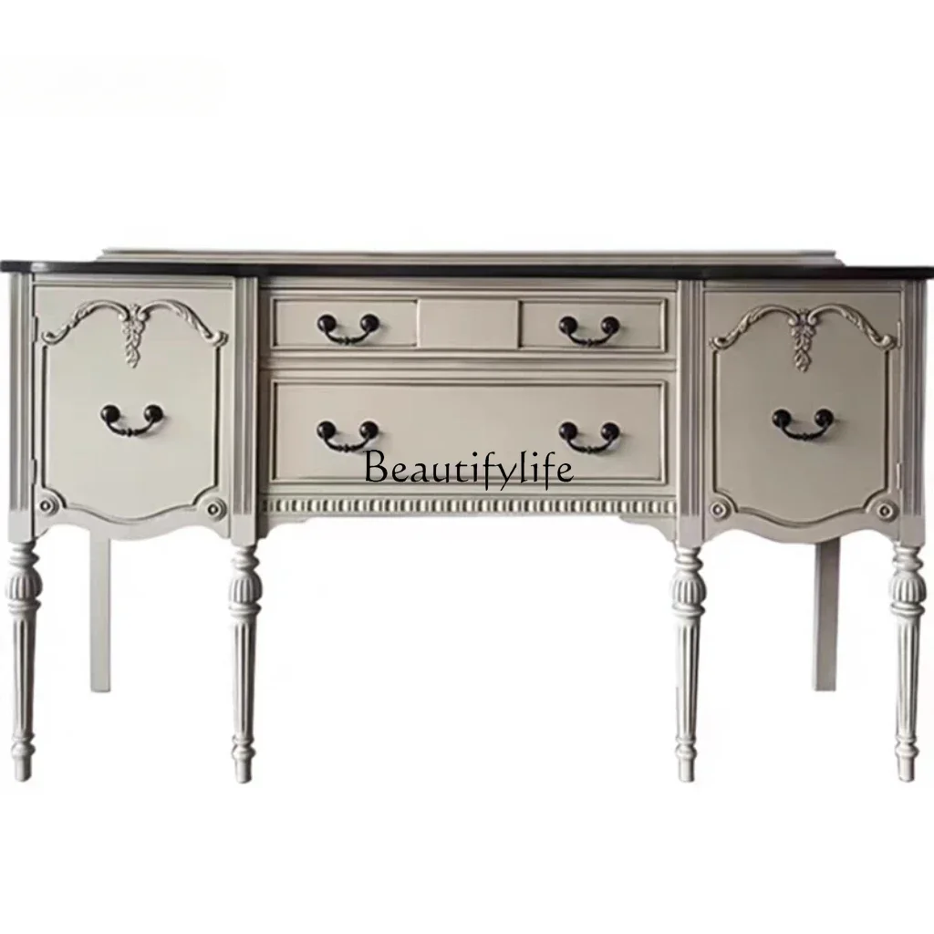 

05 FG17American Solid Wood Entrance Cabinet Vintage Gray Decorative Carved Living Room Wall Storage Storage Side Cabinet