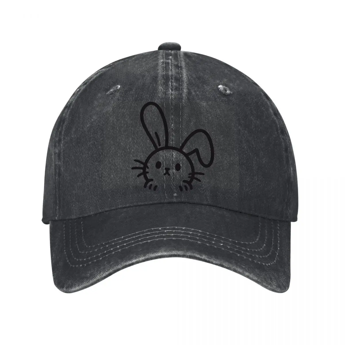 Cute Peeking Rabbit Face Black Line Art Washed Baseball Cap Outdoor Hat