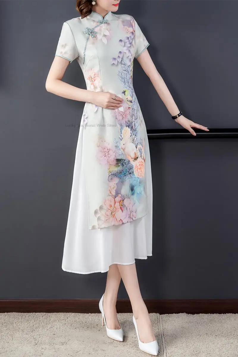 Cheongsam en mousseline de soie à fleurs vintage, style traditionnel vietnamien, manches courtes, rétro, Qipao chinois, robe de soirée de mariage, robe de soirée, Ao Dai