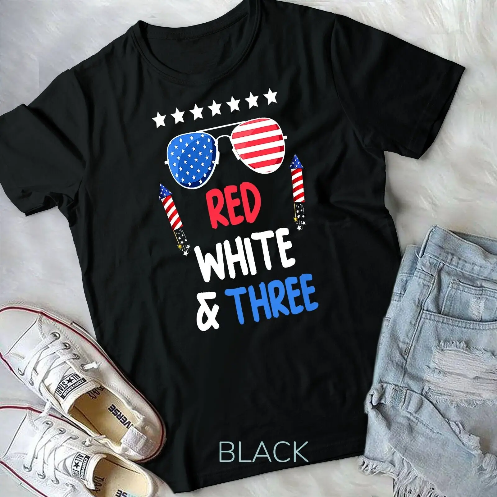 

Kids Red White & Three 3rd Birthday 4th Of July Independence Day Unisex T-shirt