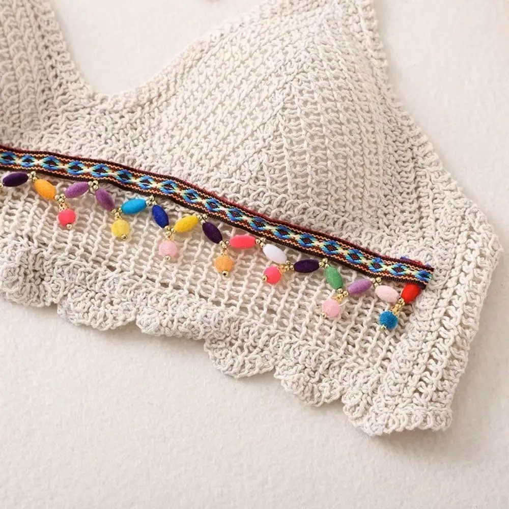 Elastic Sleeveless Female Crochet Camisole Short V Neck Bohemian Style Vest Tassel Hot Tops Knitting Crop Tops Women