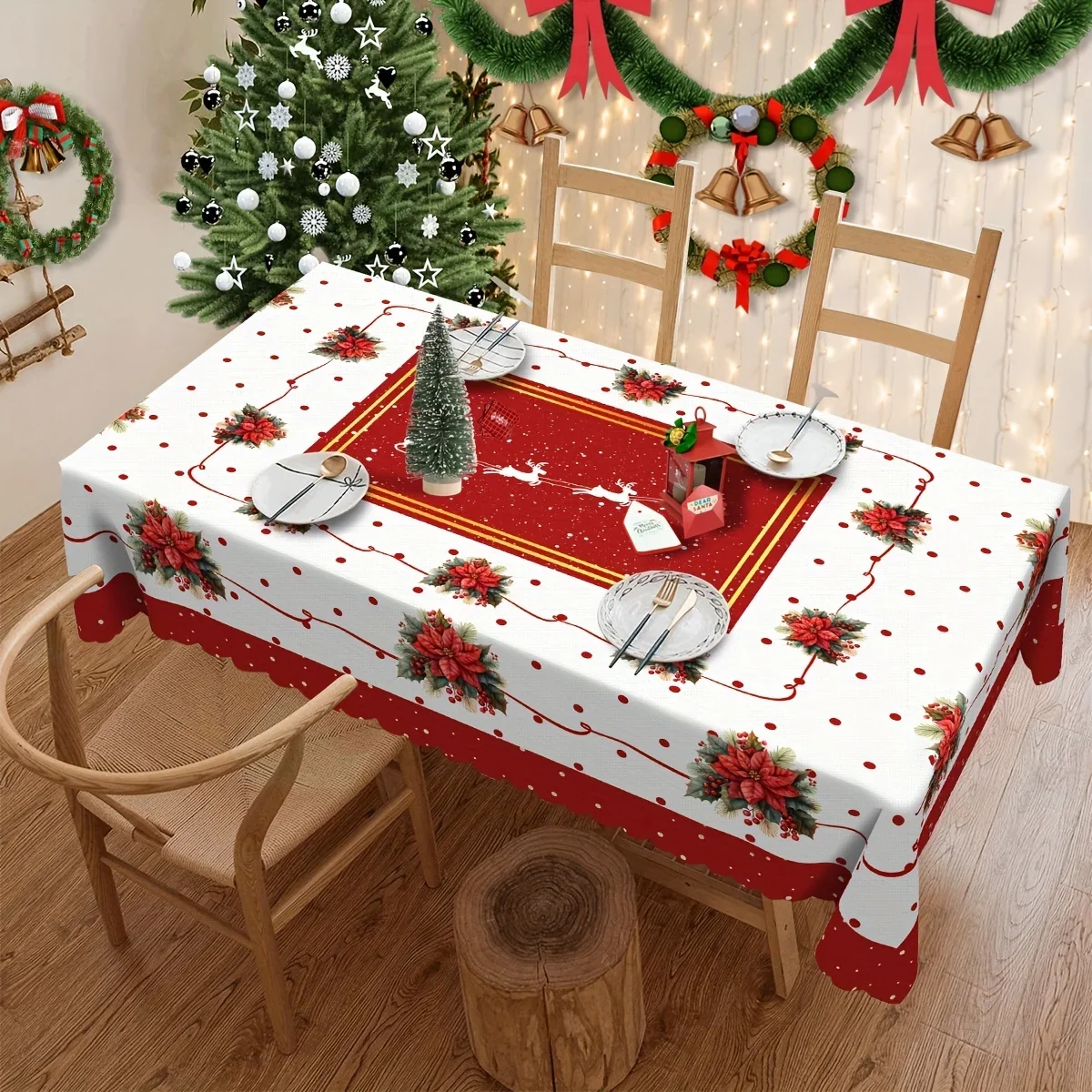 1Pc Christmas Style Tablecloth Red And White Poinsettia Snowflake Print Table Cover For Holiday Dining Party Decoration pro