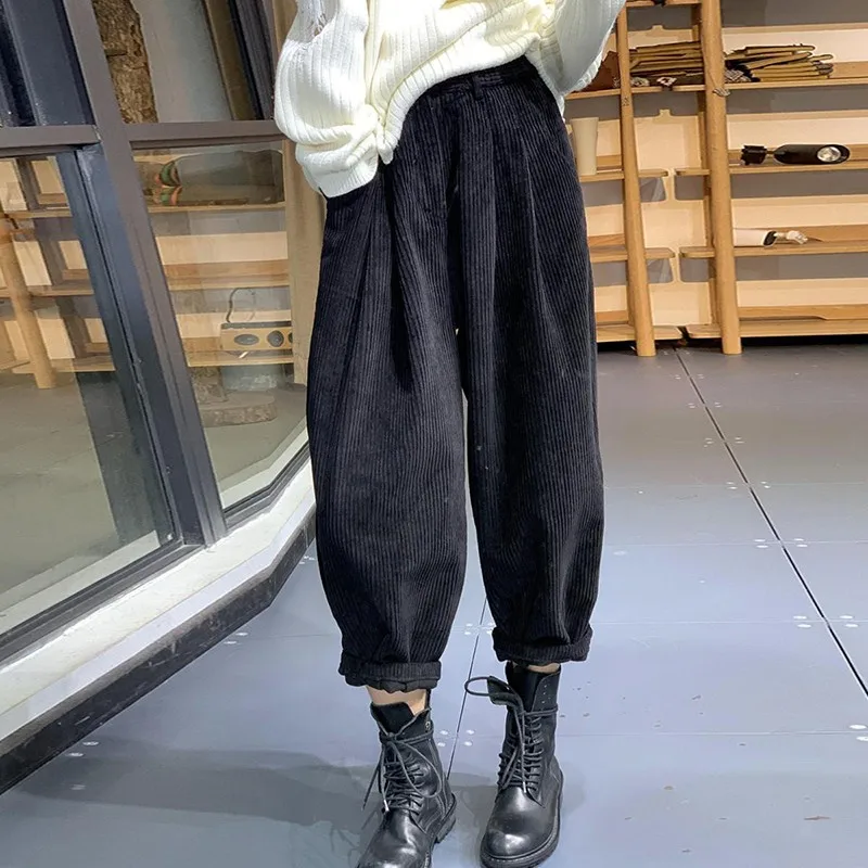 2024 New Arrival Spring Autumn Women All-matched Ankle-length Pants Casual Loose Cotton Corduroy Elastic Waist Harem Pants P34