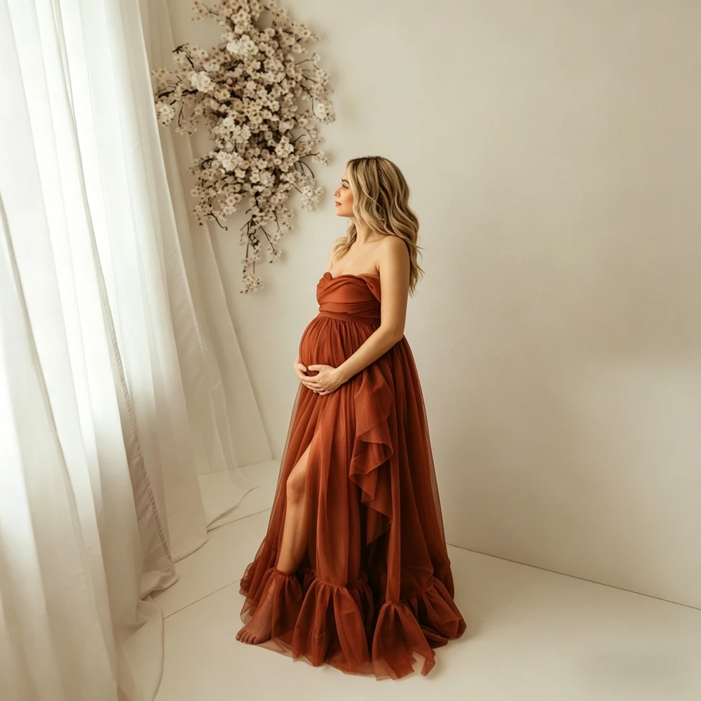Luxury Maternity Gown for Photography Sexy High Split Pregnancy Dresses Elegant Strapless Pregnant Women Photo Shoot Props